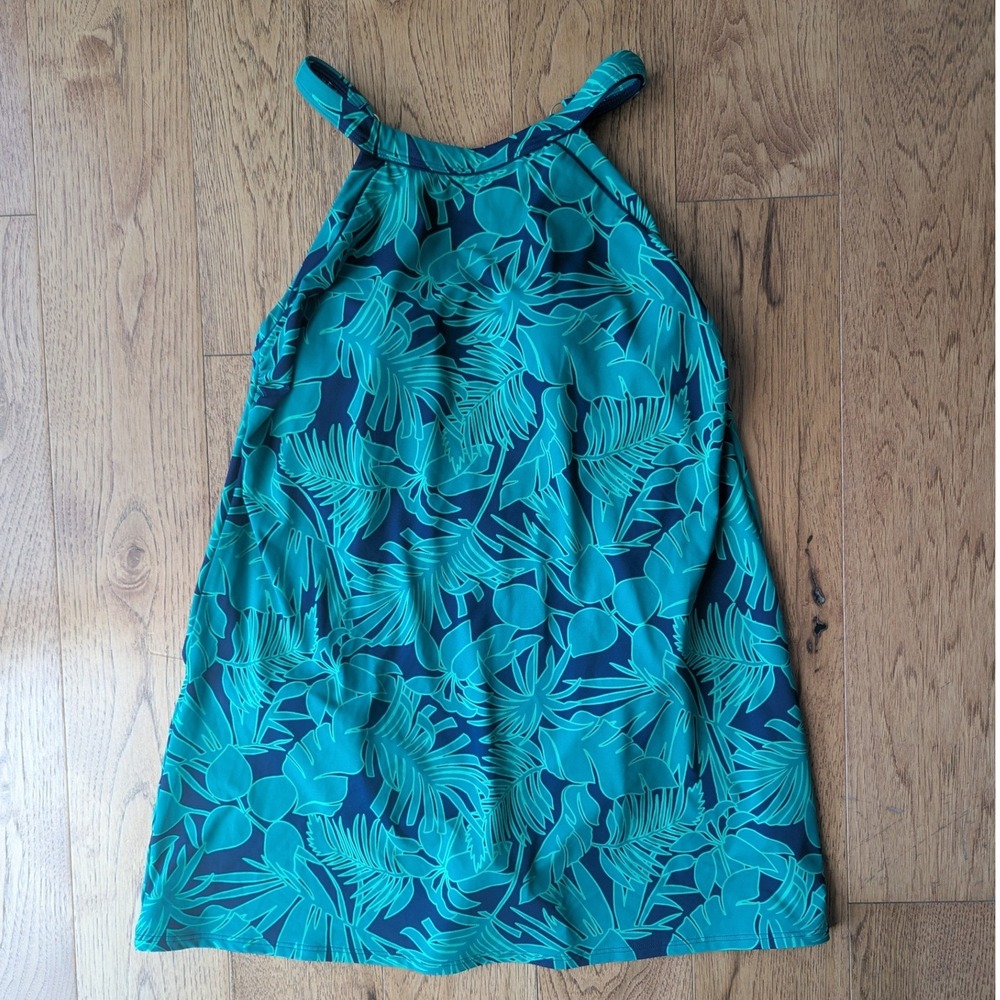 Lands End Swim Dress Teal Navy Tropical Palm Leaf Cross Back Sz 8 Bathing Suit